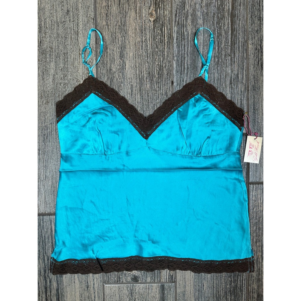 Gold Hawk Blue Aqua Silk Cami Top Brown Lace Trim‎ Lingerie Tank Top
